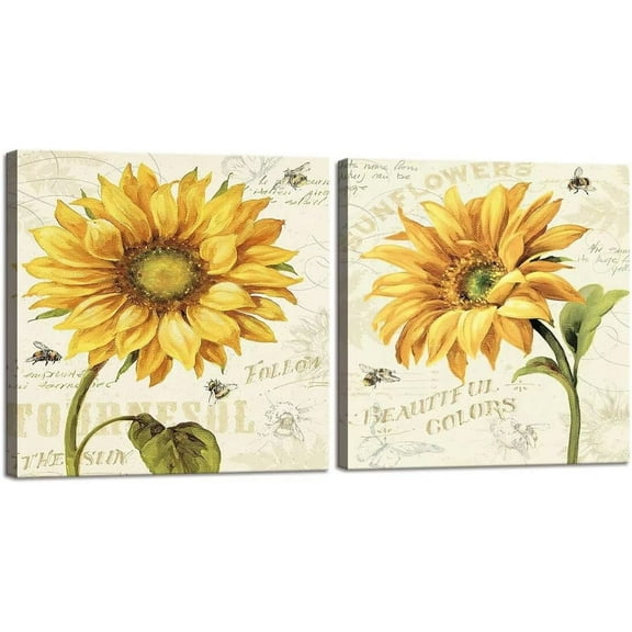 Sunflower Pictures Wall Decor Abstract Sunflower Wall Art for Living Room Bathroom Yellow Flowers Painting Prints Artwork Large Size Canvas Framed Art Ready to Hang(12''''W x 12''''H x 2Pcs)