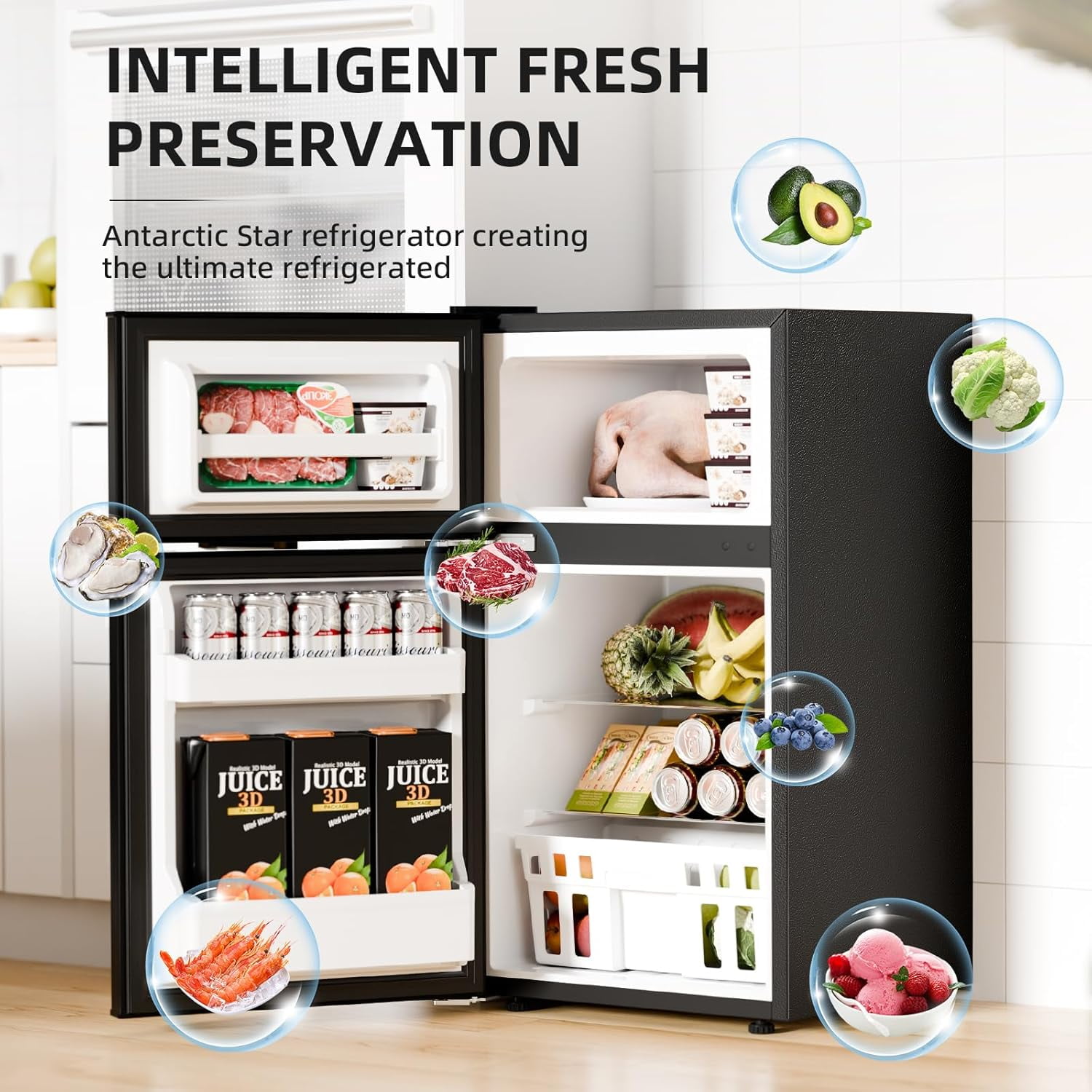 FREE VILLAGE 3.2 Cu.Ft Mini Fridge with Freezer,Compact Mini Refrigerator with Double 2 Door,Adjustable Temperature,Full Size for Home,Kitchen,Dorm,Apartment,Retro Black