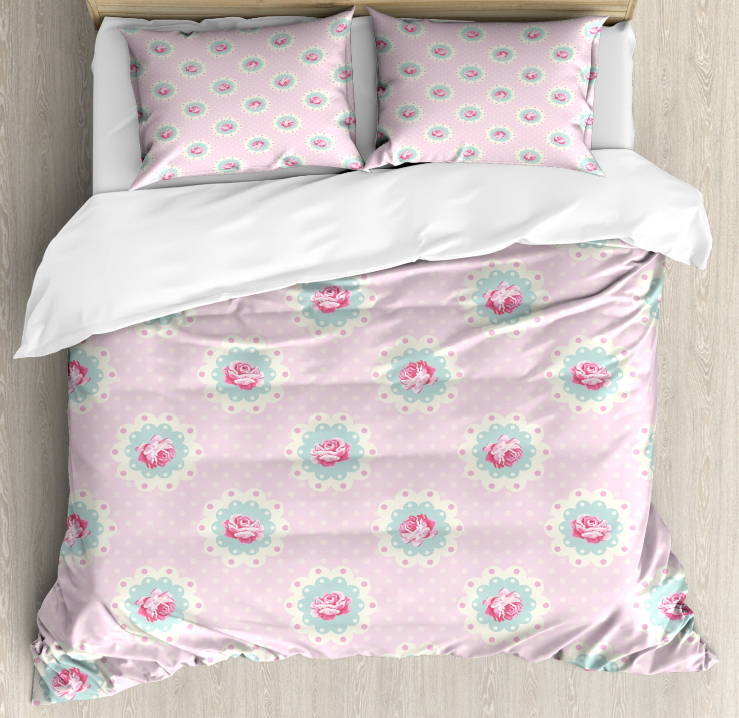 Shabby Chic Duvet Cover Set, Retro Style Polka Dotted Backdrop and