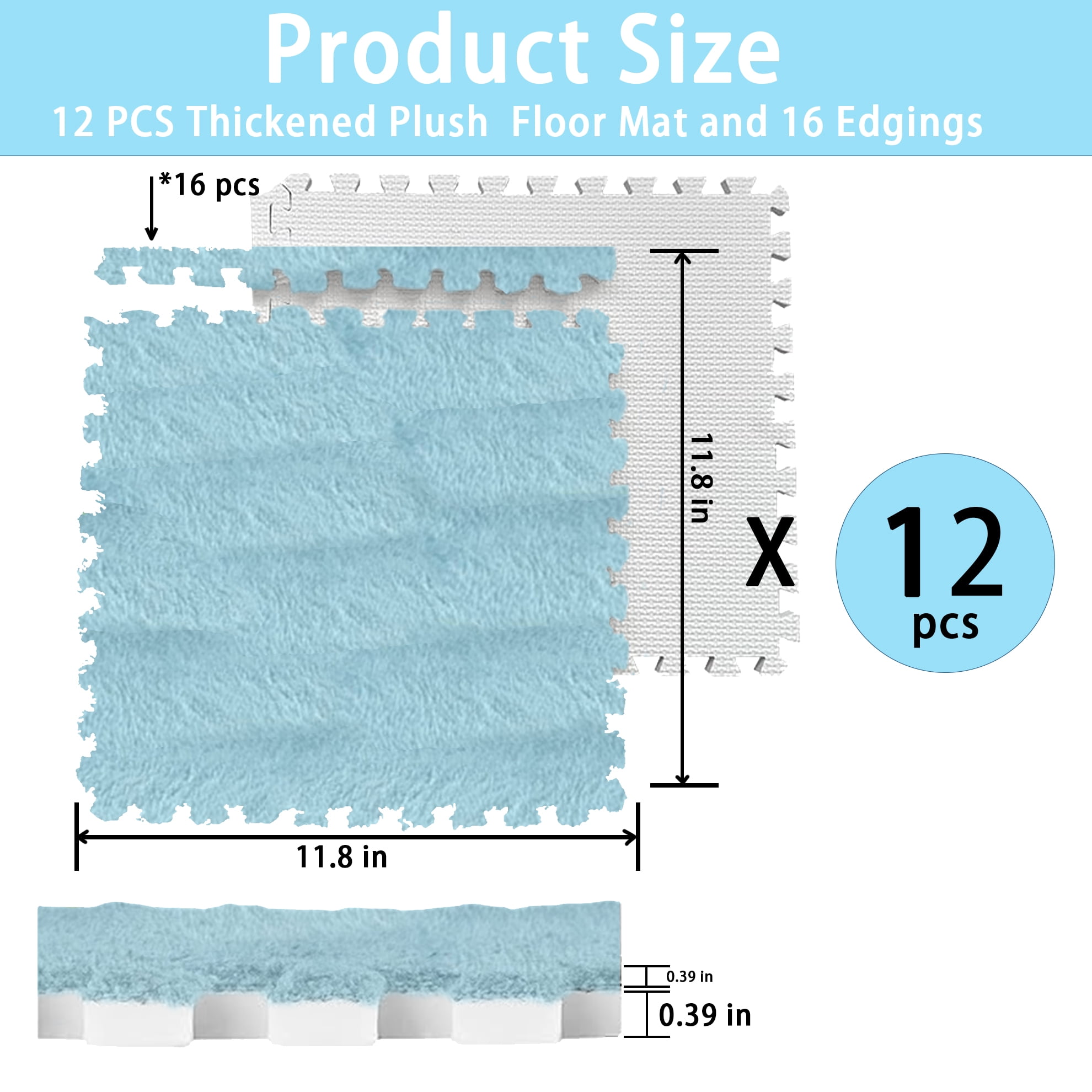 Interlocking Carpet Shaggy Soft EVA Foam Mats Fluffy Square Thickened Plush Tiles Protective Floor Tiles Exercise Play Mat for Children Kids Room Home Parlor Bedroom (Sky Blue, 12 Pcs)