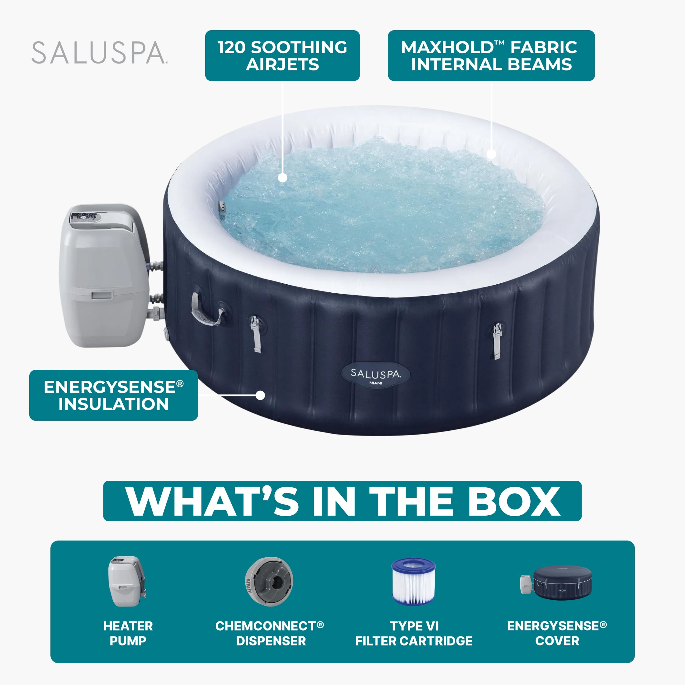 Bestway SaluSpa Miami 2-4 Person Inflatable Hot Tub, Round Energy-Efficient Spa, 71"x26"