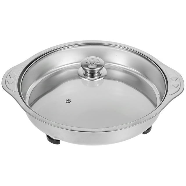 CIMAXIC Poêle de Service en Acier Inoxydable pour Fête avec Couvercle en Verre et Pieds en Caoutchouc, Contenant de Buffet pour Aliments, Poêle Alimentaire en Acier Inoxydable, Plateau de Service en Métal pour Fête et Restaurant, 13.78"X12.2"X2.05 Pouces