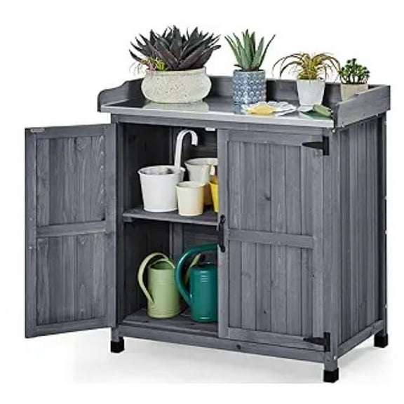 QSHIMY Garden Potting Bench Table, Outdoor Garden Horticultural Wooden Storage Cabinet & Solid Wood Planting Work Bench with Large Space Storage & Metal-Plated Tabletop, Gray