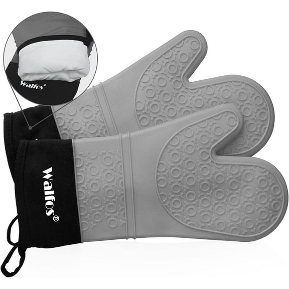 Walfos Oven Mitts, Heat Resistant Silicone Oven Gloves, Extra Long Non-Slip Silicone and Soft Internal Cotton Lining, Flexible and Waterproof - Great for Cooking, Baking and Grilling (Gray)