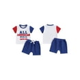 thumbnail image 3 of Aojekbee Toddler Boys 4th of July Shorts Sets Short Sleeve Letter Embroidery Tops Solid Color Shorts Sets, 3 of 10