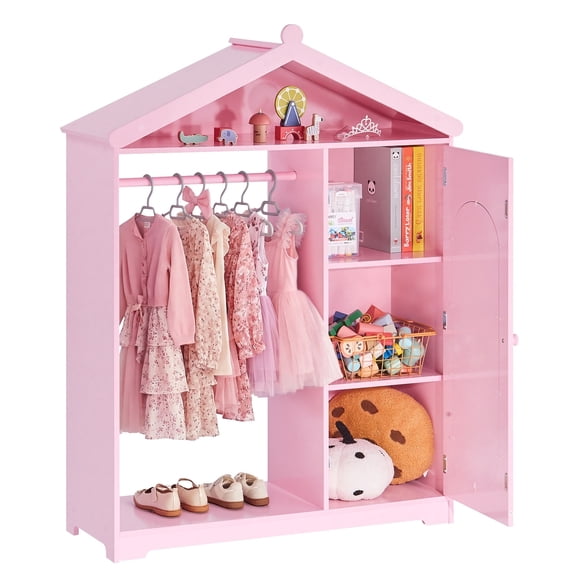 VEVOR Kids Dress Up Storage, with Mirror, Dress Up Closet, Kids Armoire Wardrobe Closet for Little Girls, Toddler Costume Organizer, Pretend Princess Storage Dresser, for Bedroom, Girls Room, Pink