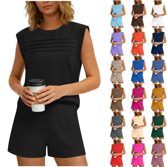 Axiiglly Two Piece Sets for Women Crewneck Sleeveless Shirt Drawstring Elastic Waist Shorts with Pockets Soft Comfy Lounge Sweatsuit Black L