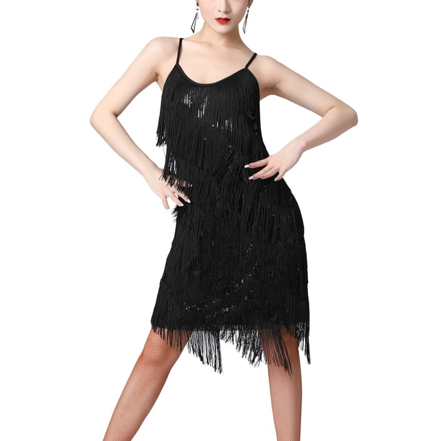 YiZYiF Robe de Fête Dansante Inspirée des Années 1920 pour Femme à Bretelles Ajustables, Dégradé à Paillettes avec Franges, Noir, TTG