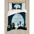 thumbnail image 3 of Halloween King Size Duvet Cover Set, Cute Cat and Lanterns Moon on Floral Field with Starry Night Sky Star Cartoon Art, Decorative 3 Piece Bedding Set with 2 Pillow Shams, Blue Black, by Ambesonne, 3 of 3