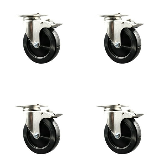 5 Inch 316SS Soft Rubber Swivel Top Plate Caster Set Total Lock Brake SCC