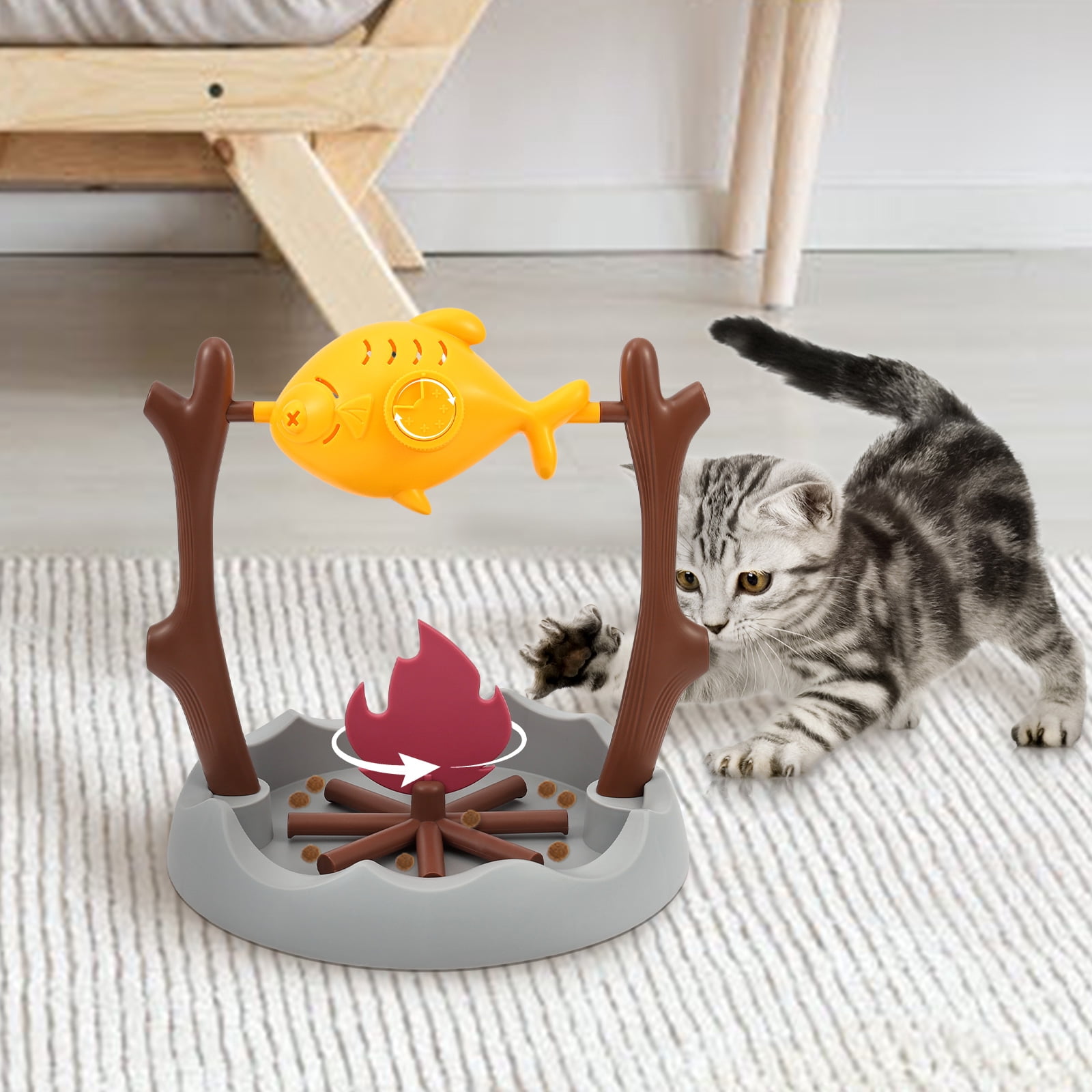 Austok Interactive Cat Treat Dispensing Toy Slow Feeder Bowl Unique Rotatable Fish and Flame Cognitive Training Game Enrichment Interactive Stimulation Toy Cat BBQ Fish Toy for Kitty