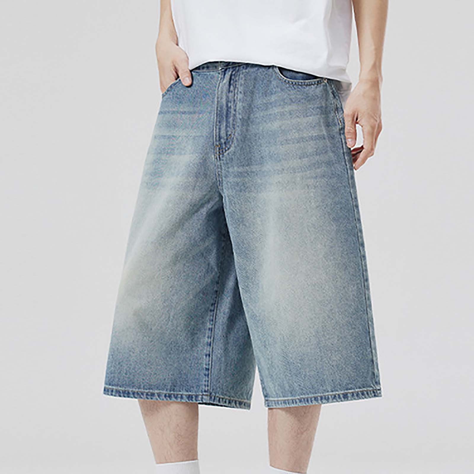 Mens Baggy Jean Shorts Loose Fit Long Denim Shorts Vintage Washed Below Knee Jorts Streetwear Hip Hop