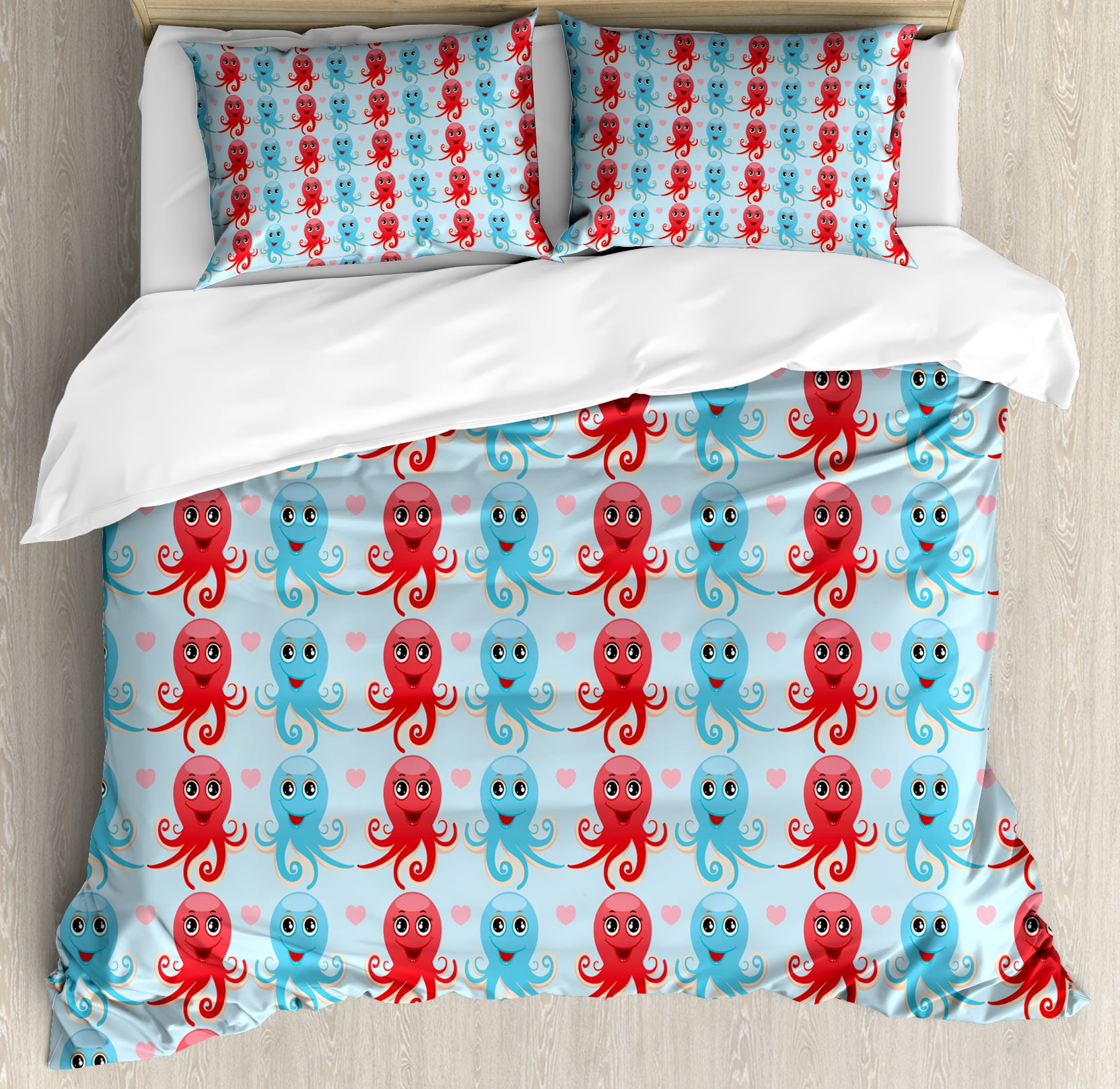 Octopus Duvet Cover Set Heart Shapes Love Themed Marine Inspired Octopus Duvet Cover Set Heart Shapes Love Themed Marine Inspired Animal Pattern Cute Happy Decorative Bedding With Pillow Shams Dark C Pale Blue