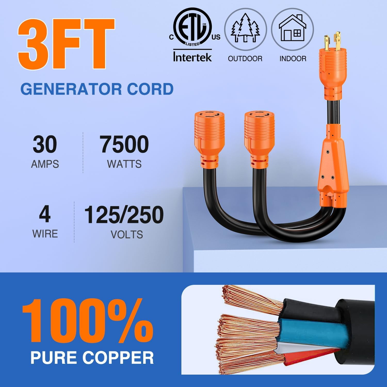 Nilight 4 Prong 30 Amp Generator Splitter Y Adapter Cord NEMA L14-30P L14-30R 125/250V 7500W Locking Power Cable 10 AWG STW Wire ETL Listed for Manual Transfer Switch Generators RV Camper Outdoor