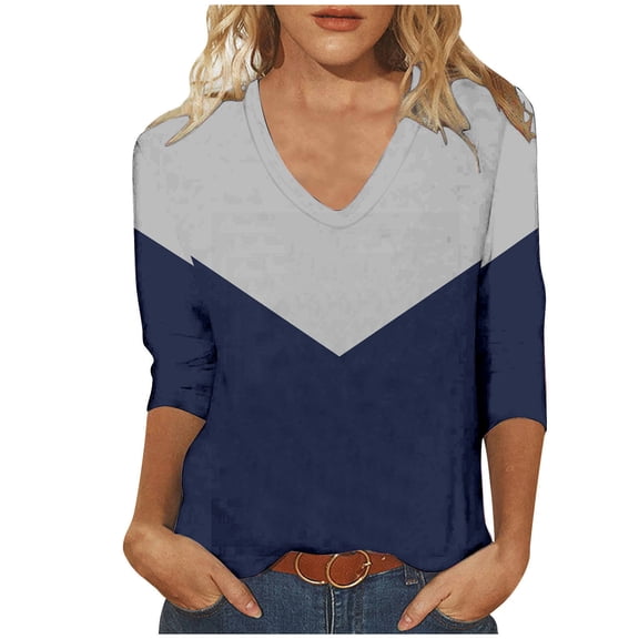 Wensltd Women Summer Tops Print V Neck 3/4 Sleeve Loose T Shirts Relaxed Fit Breathable Lightweight Casual Tops