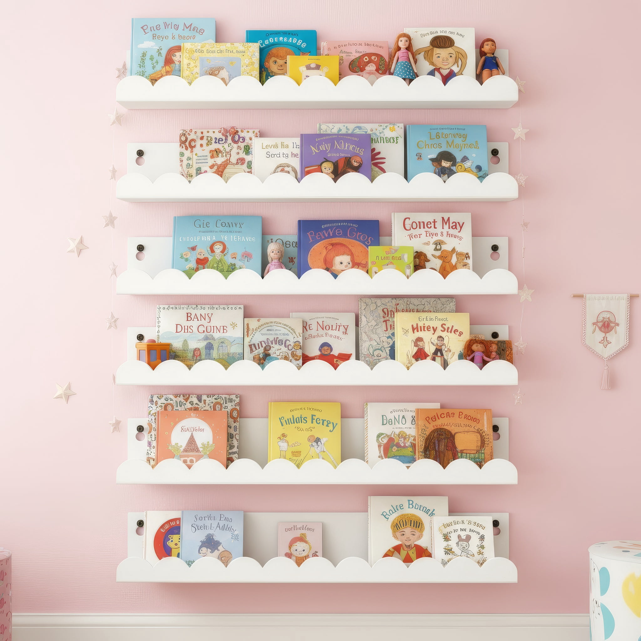 6-Piece White Nursery Book Shelves,  Metal Floating Shelves for Wall, 16 Inch Scalloped Book Shelf for Kids Room, Bathroom, Bedroom, Playroom Wall Decor(6 Count)