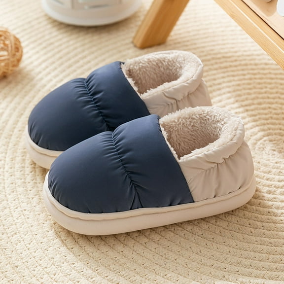 Tfken Slippers For Girls Teen Solid Color Closed Heel Fuzzy Plush Lining Thick Cozy House Shoes Blue Size 2-2.5 Years