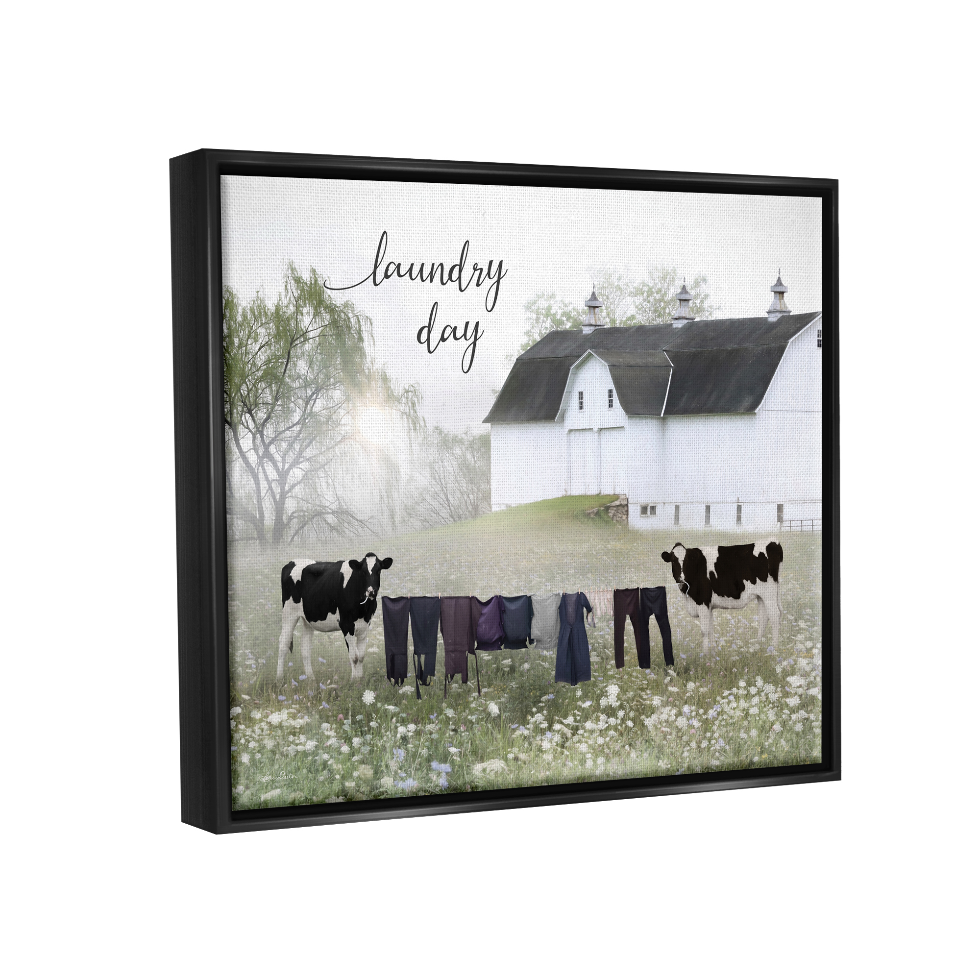 Stupell Laundry Day Rural Cows Meadow Nature Painting Black Floater Framed Art Print Wall Art