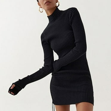 Women Sweater Dress Long Sleeve Bodycon Stand Neck Side Drawstring Slim Fit Ribbed Knit Dress Black L