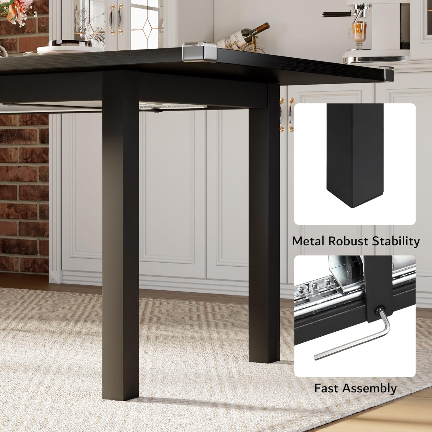 iPormis 63" Extendable Dining Table for 4-8, Square Wooden Dining Room Table with Metal Base, Modern Extendable Table for  Small Kitchens, Dining Office Areas, Black