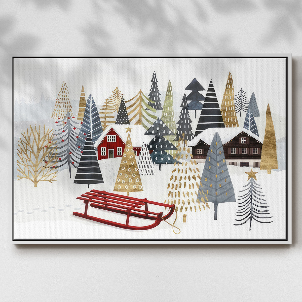 Christmas Chalet Collection A - Framed Gallery Wrapped Holiday Canvas - 25 x 37 - White Frame