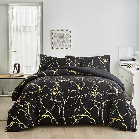 3 Piece Modern Duvet Cover Set Luxe Brushed Flannel Bedding with Metallic Foil Prints Twin Size Duvet Cover with 2 Pillowcase, Black