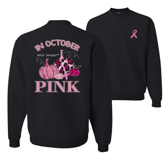 Wild Bobby In October We Wear Pink Pumpkin Cheetah Print Breast Cancer Awareness Front and Back Unisex Crewneck Sweatshirt, Black, Small