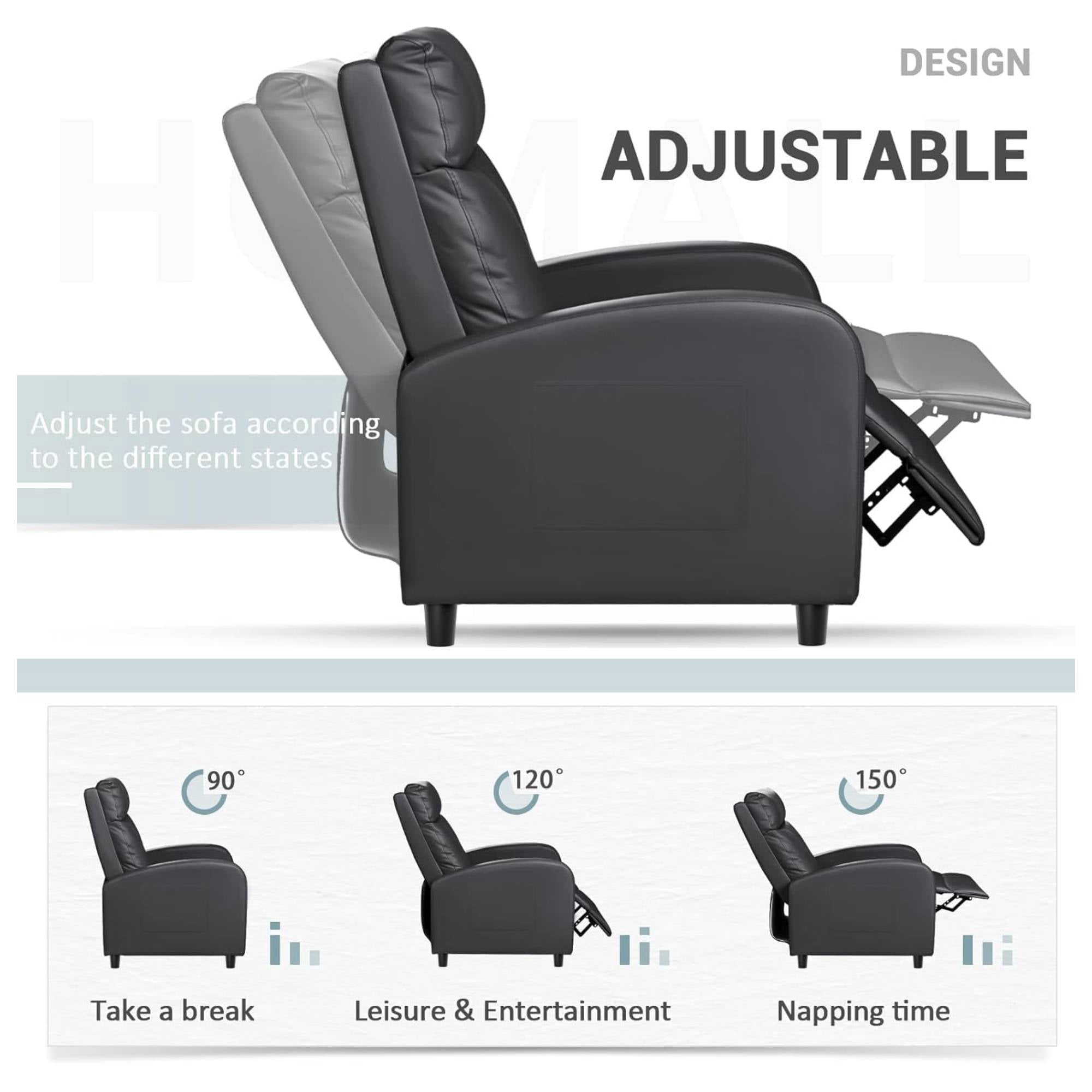 Manual Recliner Leather Reclining Sofa Chair with Footrest, Overstuffed Push Back Reline Chair, Lumbar Support Home Theater for Living Room, Black