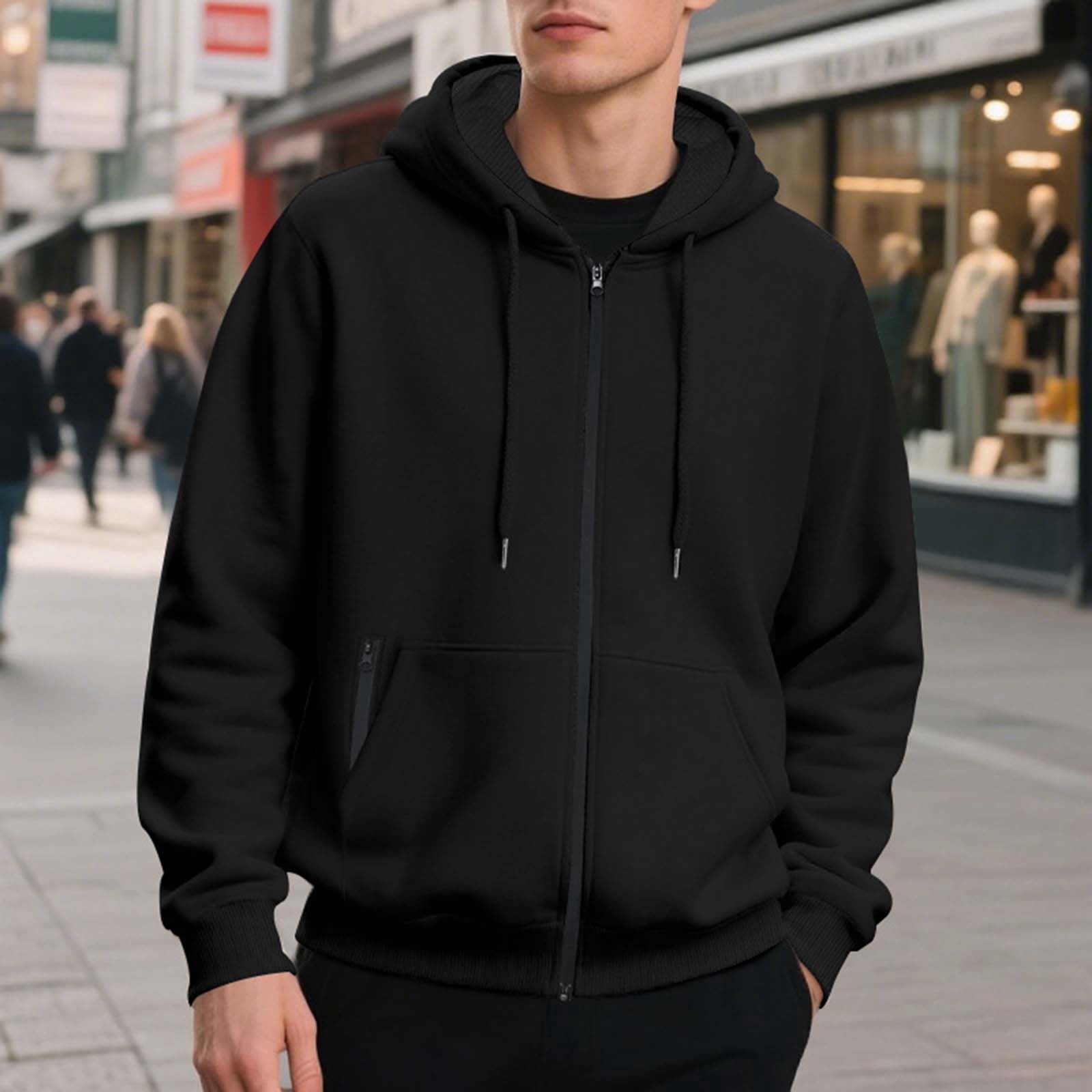 CFLVAEK Big and Tall Hoodies for Men Zippered Oversized Hoodie Sweatshirts Fall Winter Long Sleeve Hooded Jackets with Pockets Black M