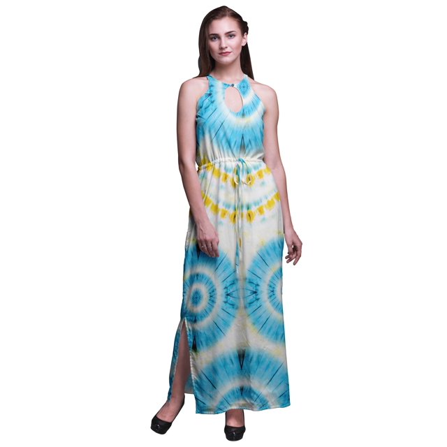 Bimba Robe Maxi à Imprimé Teinture sur Nœuds pour Femmes, Col Rond, Taille Élastique, avec Fentes Latérales, Tenue d'Été-TTTG