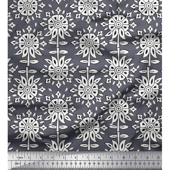 Soimoi Poly Georgette Fabric Leaves & Floral Block Printed Craft Fabric by The Yard 52 Inch Wide