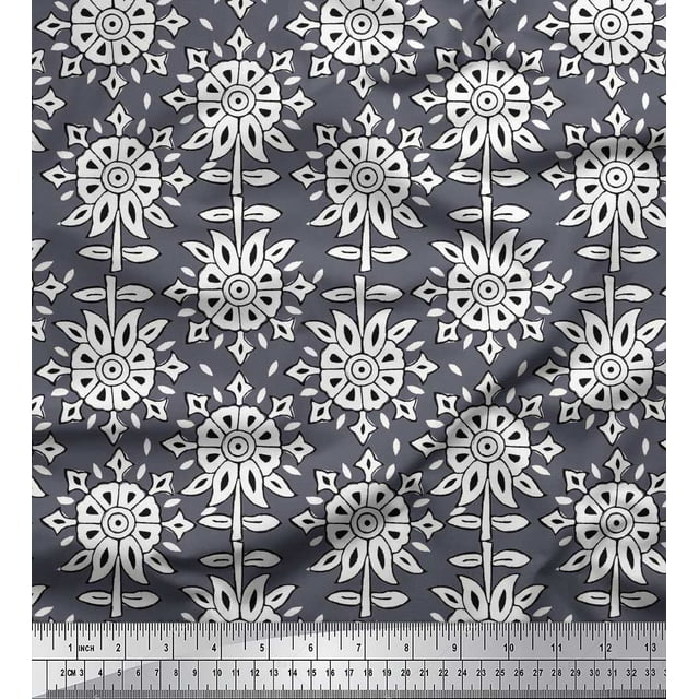 Soimoi Modal Satin Fabric Leaves & Floral Block Decor Fabric Printed Yard 42 Inch Wide