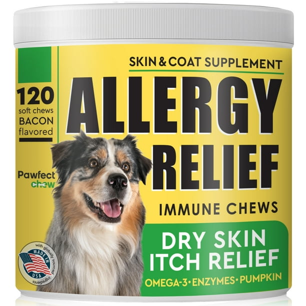 Allergy Relief Dog Chews w/ Omega 3 Itchy Skin Relief Seasonal Allergies Pumpkin + Enzymes