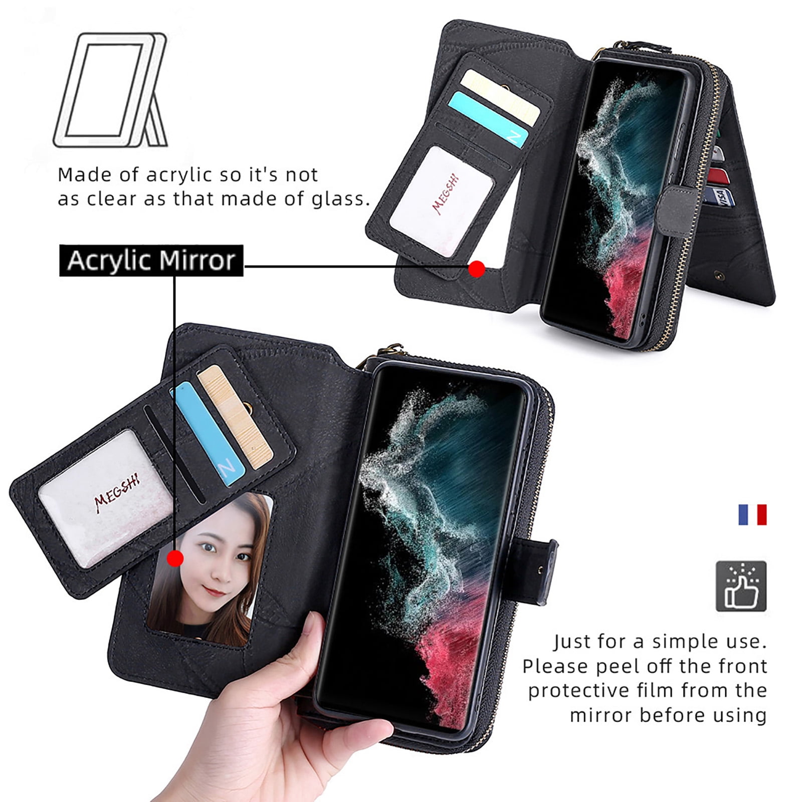 For Samsung Galaxy S25 Ultra Wallet Case with RFID Blocking Credit Card Holder, Detachable Wallet Phone Case Magnetic Closure Flip Kickstand PU Leather Flip Lanyard Strap Wristlet Zipper Purse,Black