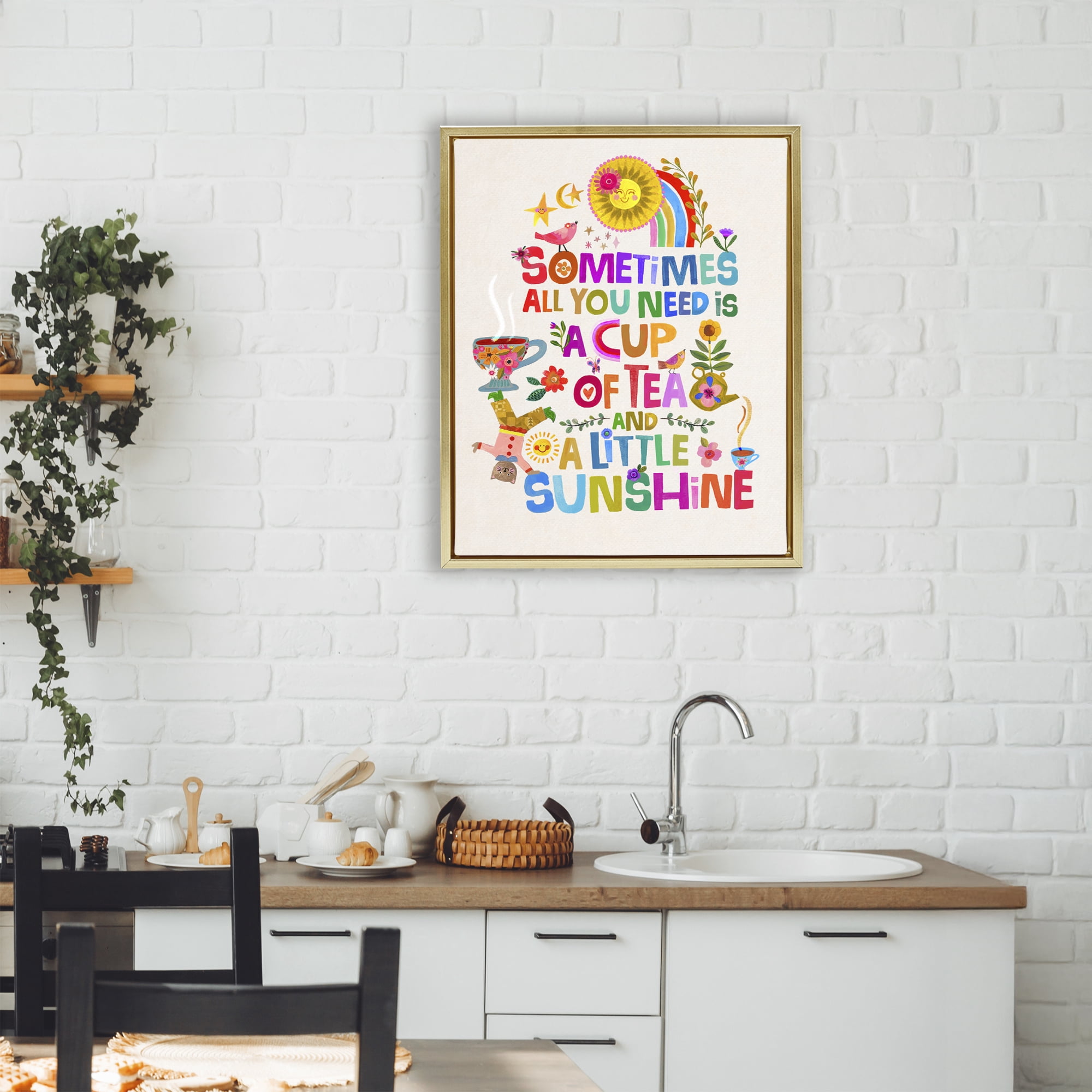 Stupell Industries Cup Of Tea & Sunshine Gold Framed Floater Canvas Wall Art, design by Katherine Herrell Studio