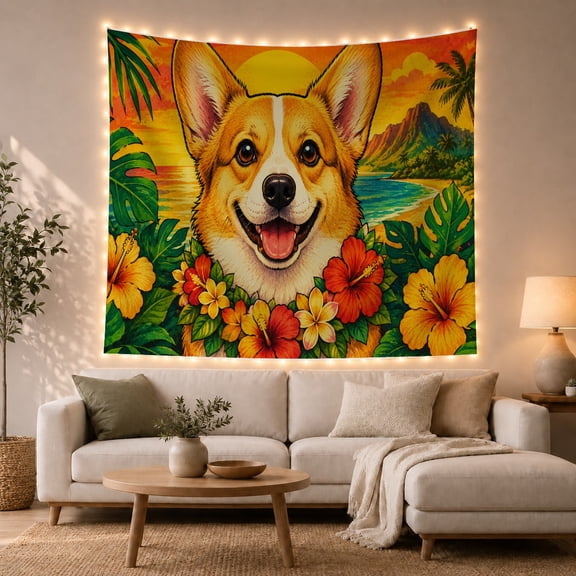 Smiling Corgi on a Tropical Beach at Golden Sunset, Playful Retro for Dog Lovers, Island Wall Art, Housewarming Gift, Tapestry Wall Hanging for Bedroom and Living Room