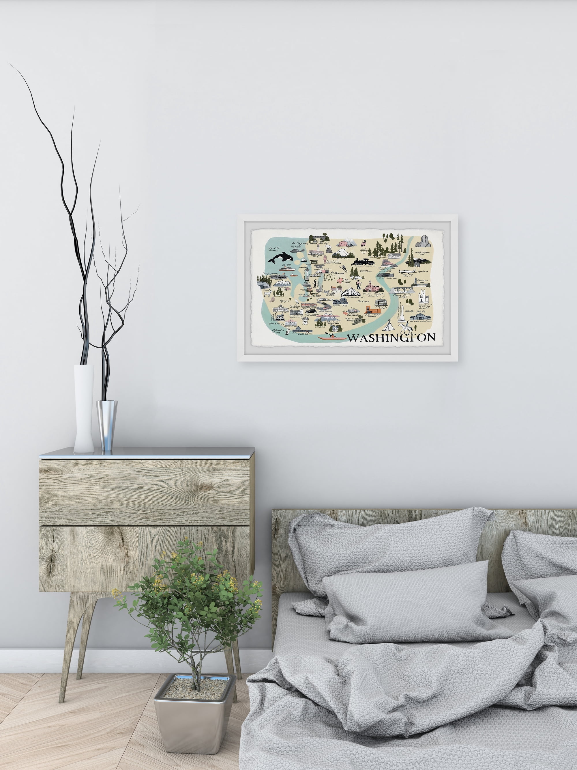 Marmont Hill Illustrated Map of Washington Framed Wall Art, 12" x 18"