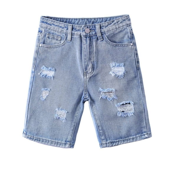 FINALGANG Boy Simple Shorts Distressed Cotton Button Down Ripped Jeans Stretchy Denim Shorts With Pockets Durable Skin Friendly Fabric For Kid