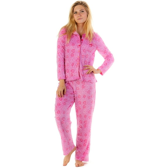 Casual Nights Women's Angel Fleece Long Sleeve Heart Print Pajama Set - Pink