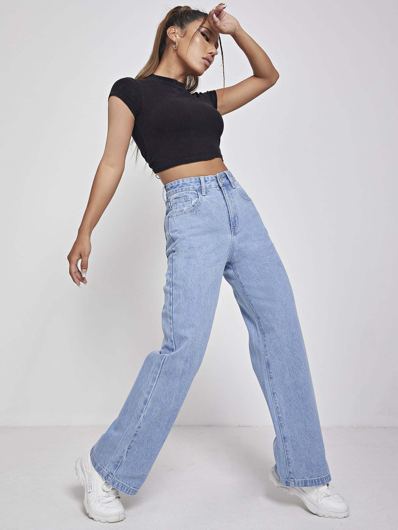 Women's High Waisted Zip Fly Wide Leg 