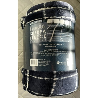 Life Comfort Reversible Sherpa Blanket Size Queen, Navy Blue
