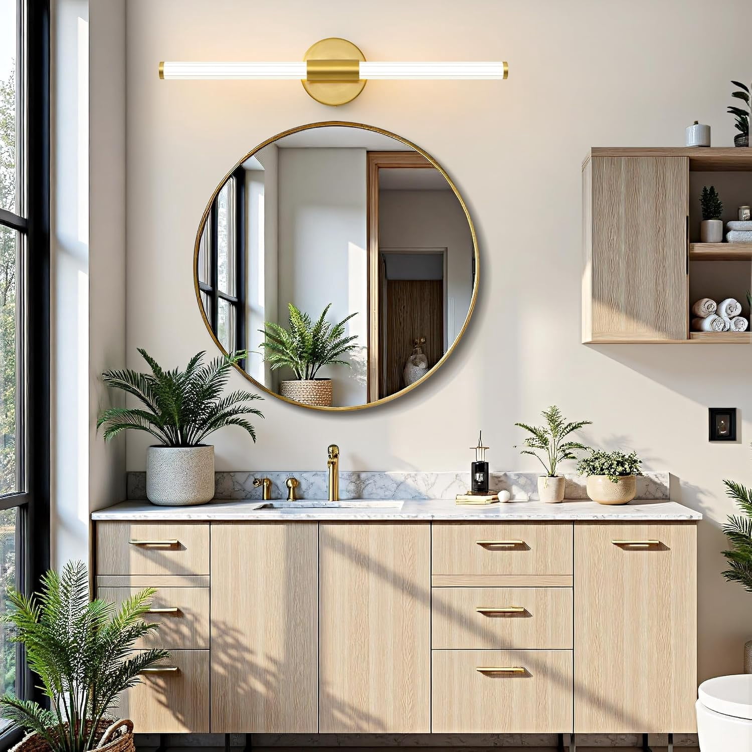 LED Bathroom Light Fixtures, Gold Vanity Lights for Bathroom, 360° Full Lighting Dimmable LED 24 inch Vanity Light Bar Over Mirror, Hardwired Modern Wall Sconce Warm White for Bedroom Living Room