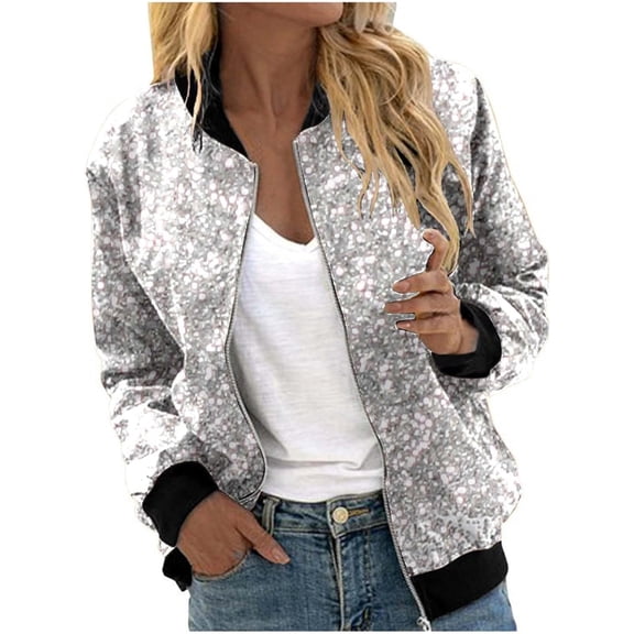 Women's Sequin Jacket with Zip Glitter Bomber Jacket Bolero Elegant Jackets Festive Disco Costume Long Sleeve Casual Sequin Jacket Slim Fit Winter Streetwear Top Glitter Top for Rave Party