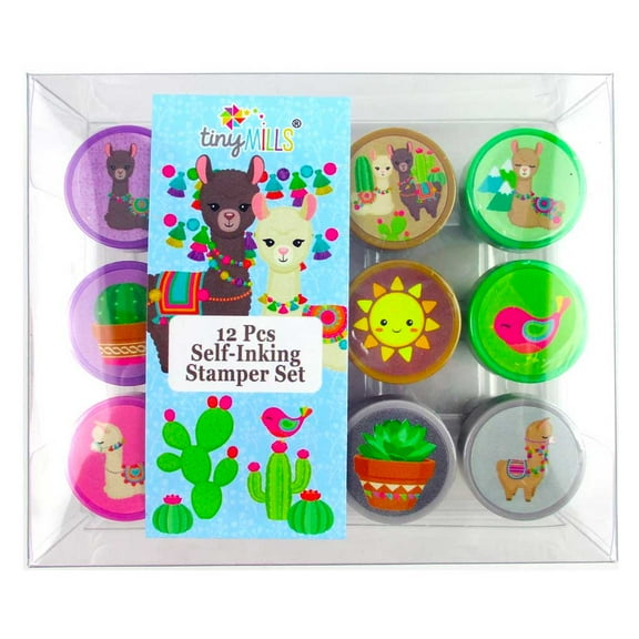 Tiny Mills Llamas 12pc Stamp Kit Self-Inking for Kids, Birthday Parties, Party Favors, Giveaways