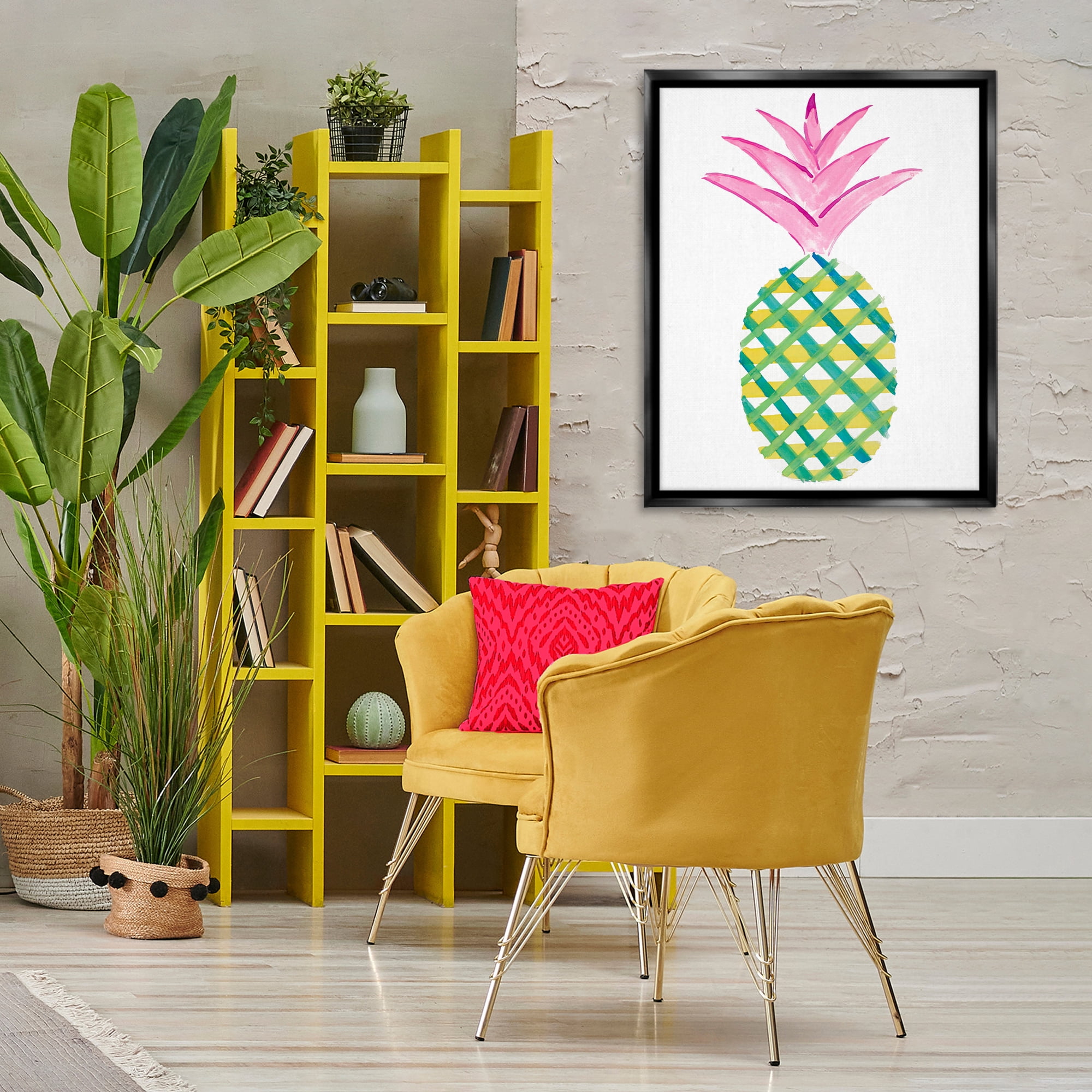 Stupell Industries Tropical Plaid Pineapple Food & Beverage Painting Black Floater Framed Canvas Art Print Wall Art, 25 x 31
