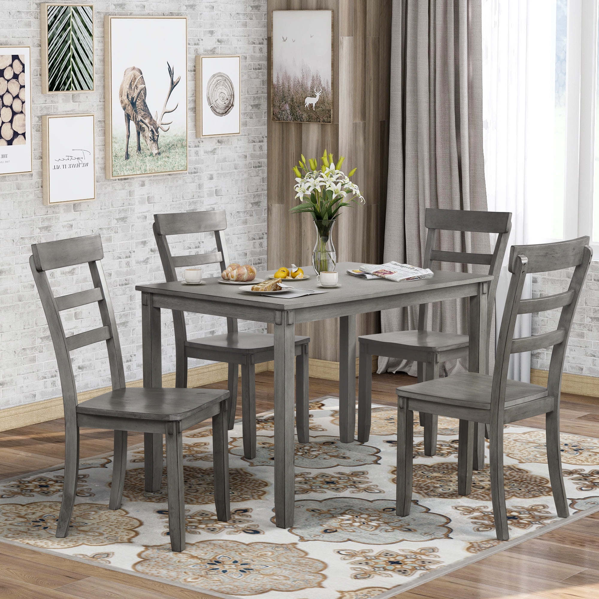 5 Piece Dining Table Set, Square Kitchen Table with 4 Chairs 