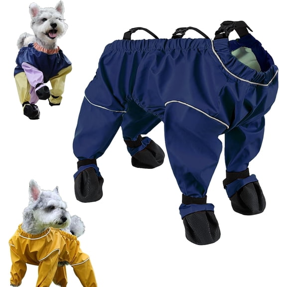 Waterproof Anti Slip Dog Boots - Reflective Straps & Suspenders, One-Piece Paw Protectors for Small/Medium Dogs, Snow/Rain/Walking/Grassland, Blue