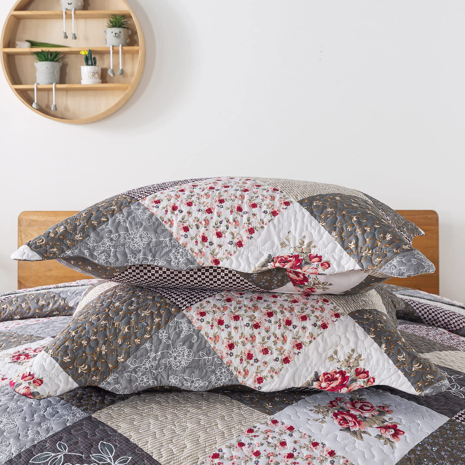 WannaToo Quilt Set 3 Piece Microfiber Quilts Reversible Bedspreads Patchwork Coverlets Floral Bedding Set All Season, Grey Border, Queen size