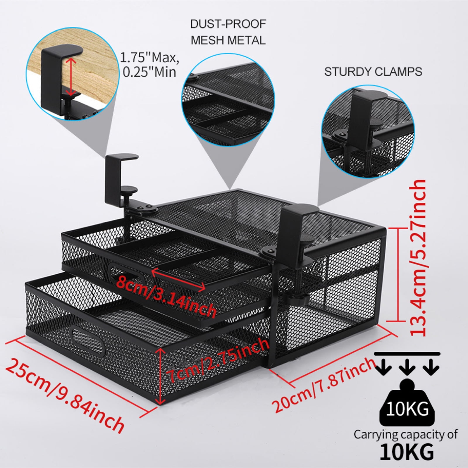 Under Desk Organiser with 2 Sliding Drawers Multifunctional Double Layer Storage Rack Space Saving Two Tiers Basket