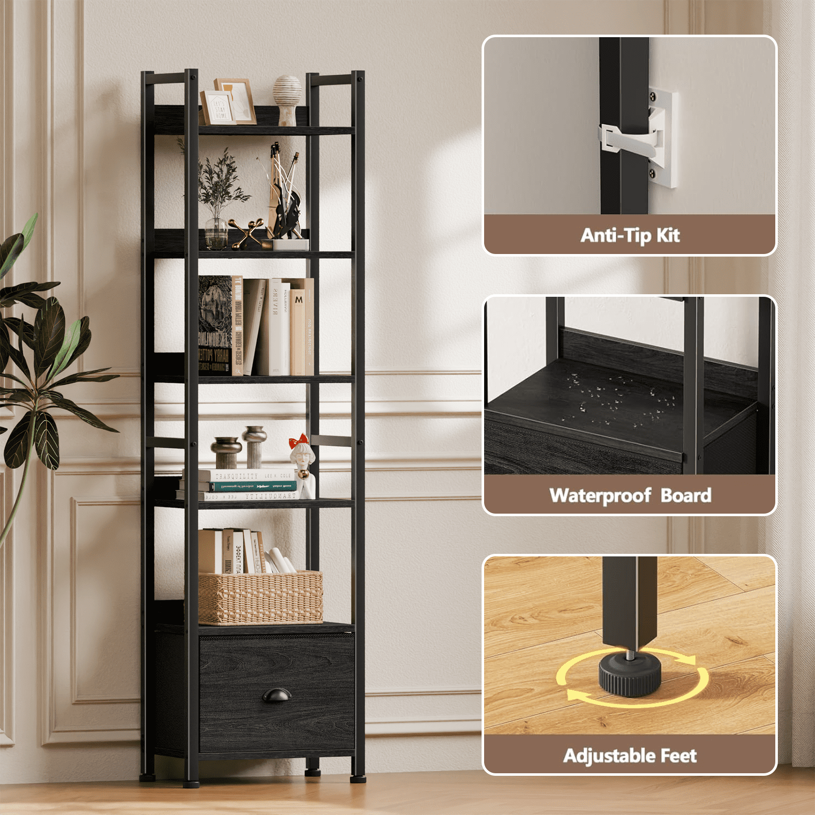 Satifur 6 Tier Industrial Bookcase with Single Removable Drawer, Adjustable Foot Pads, Black Oak Standing Storage Shelf for Living Room & Entryway